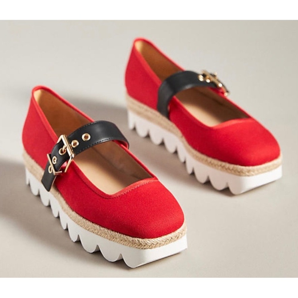 Anthropologie Red Mary Jane Platform Flats with Black Strap